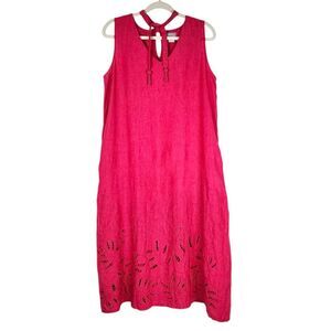Chicos Pink Linen Midi Dress with Pockets Embroidered Sleeveless Beads Tassels